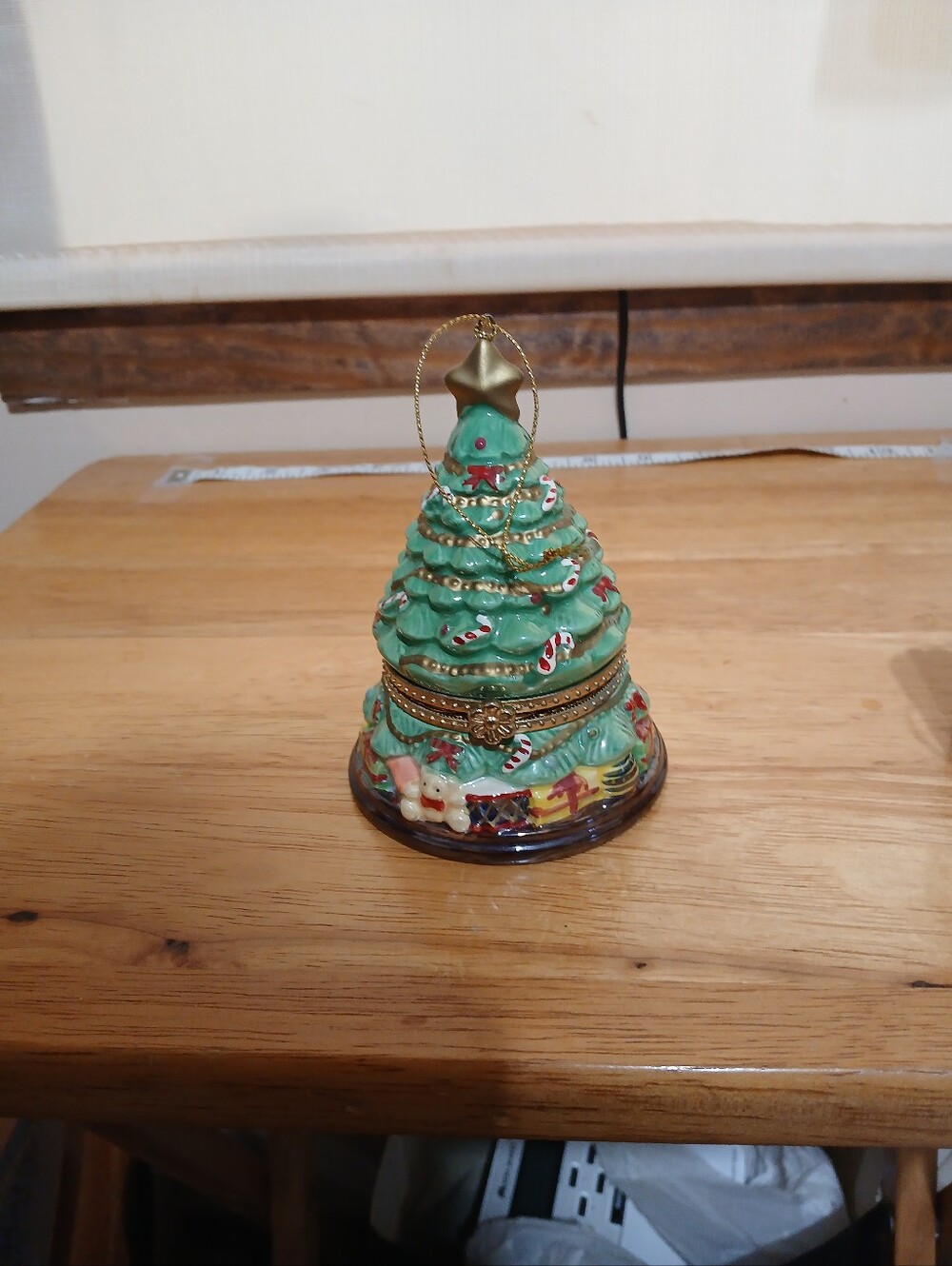 Hand-Painted Green Christmas Tree Wind Up Music Box Ornament, Plays O Christmas